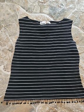 Ronni Nicole Black & White Striped Sleeveless Tank with Fringe Trim